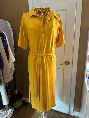 Shinestar Mustard Yellow Button-Front Midi Dress with Tie Belt